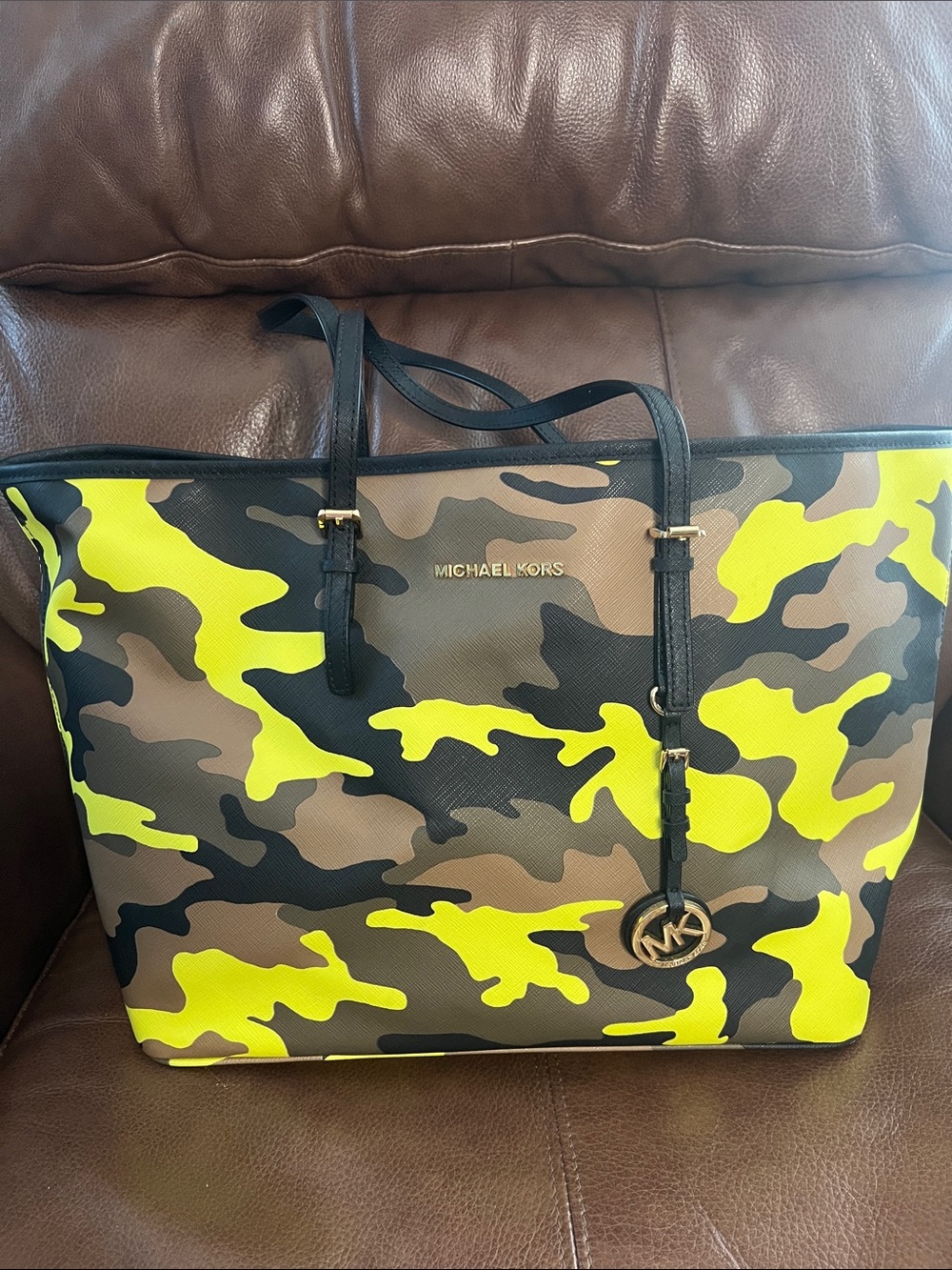 Michael Kors Jet Set Tote in Neon  Yellow and Brown Camo LIMITED EDITION